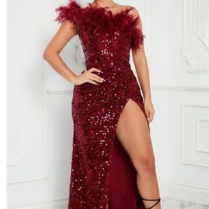 Beautiful wine color sequin dress with split and feathers